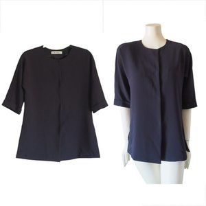 MAX MARA Navy Triacetate Crepe Concealed Snap Button Down Blouse Jacket Career